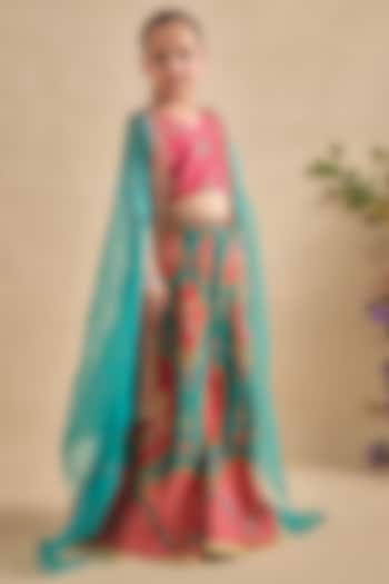 Hot Pink & Green Dola Silk Sharara Set For Girls by Kalista kids at Pernia's Pop Up Shop