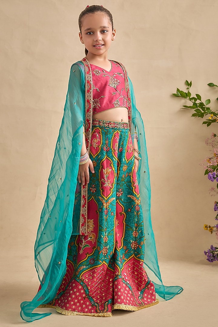 Hot Pink & Green Dola Silk Sharara Set For Girls by Kalista kids at Pernia's Pop Up Shop