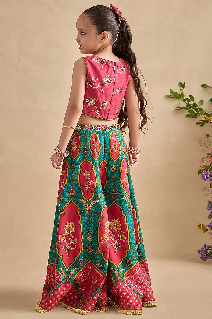 Hot Pink & Green Dola Silk Sharara Set For Girls by Kalista kids at Pernia's Pop Up Shop