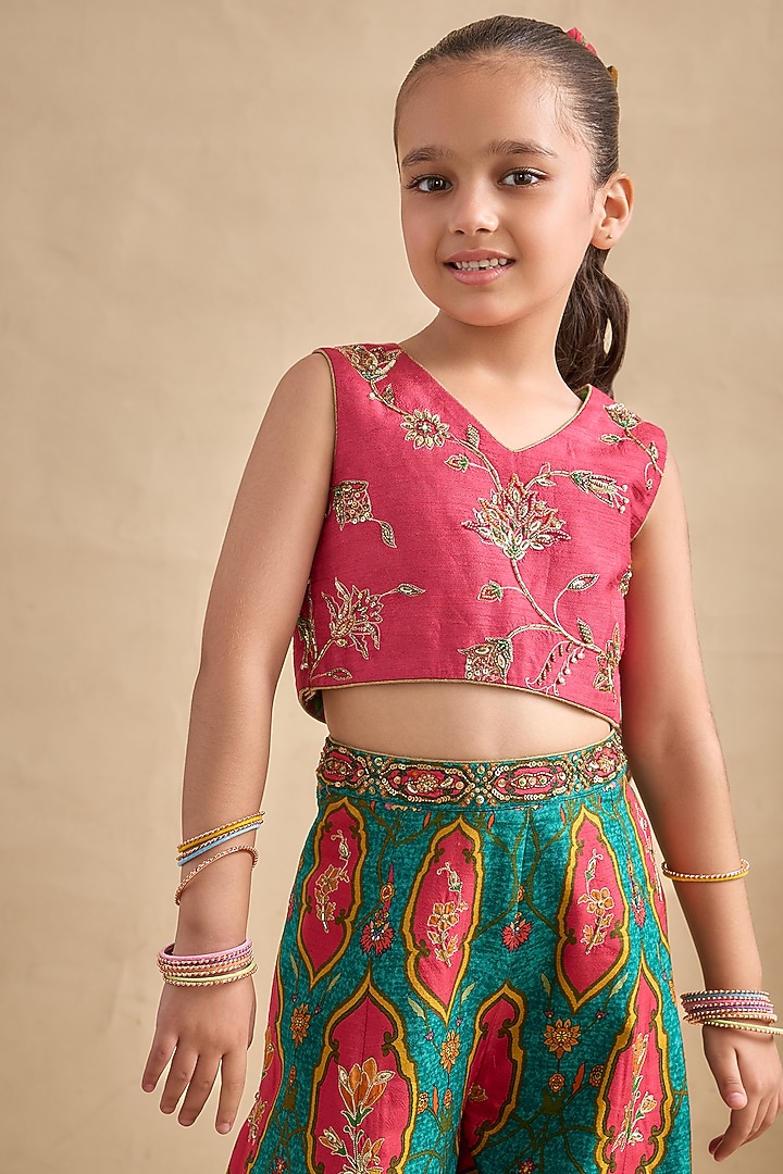 Hot Pink & Green Dola Silk Sharara Set For Girls by Kalista kids at Pernia's Pop Up Shop
