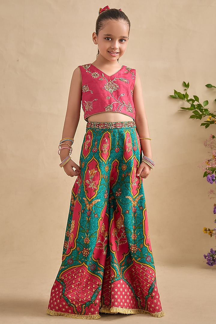 Hot Pink & Green Dola Silk Sharara Set For Girls by Kalista kids at Pernia's Pop Up Shop