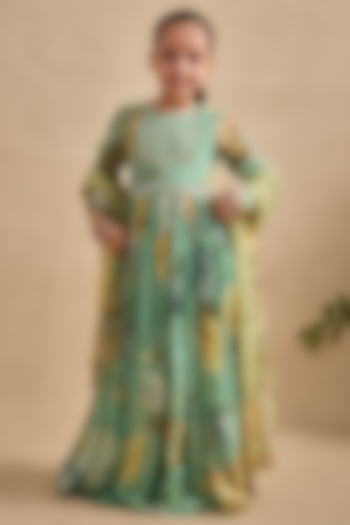 Aqua Green Viscose Georgette Sequins Work Anarkali Set For Girls by Kalista kids at Pernia's Pop Up Shop