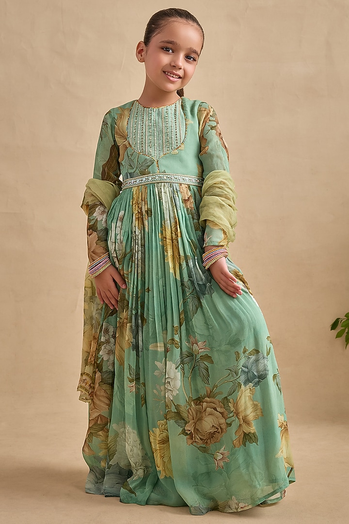 Aqua Green Viscose Georgette Sequins Work Anarkali Set For Girls by Kalista kids at Pernia's Pop Up Shop