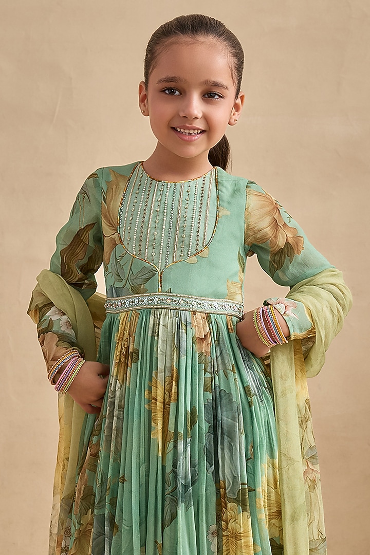 Aqua Green Viscose Georgette Sequins Work Anarkali Set For Girls by Kalista kids at Pernia's Pop Up Shop