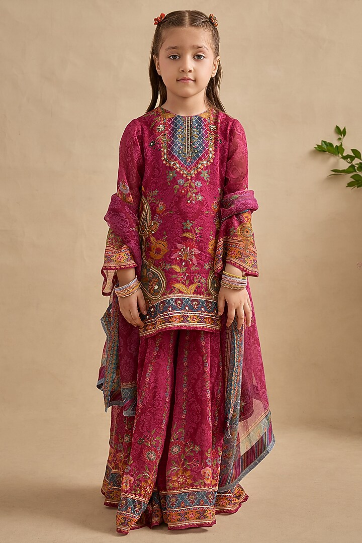 Fuchsia Viscose Georgette Cutdana Embroidered Sharara Set For Girls by Kalista kids at Pernia's Pop Up Shop
