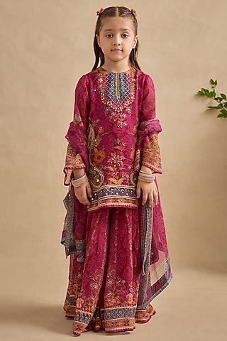 Fuchsia Viscose Georgette Cutdana Embroidered Sharara Set For Girls by Kalista kids