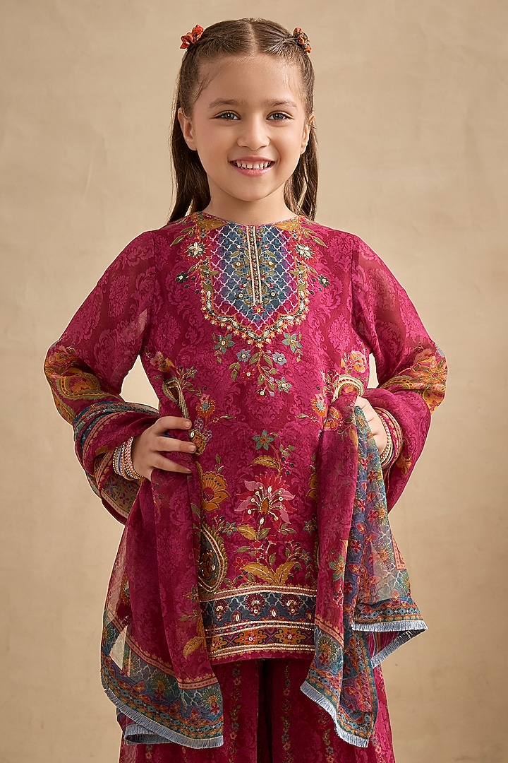 Fuchsia Viscose Georgette Cutdana Embroidered Sharara Set For Girls by Kalista kids at Pernia's Pop Up Shop