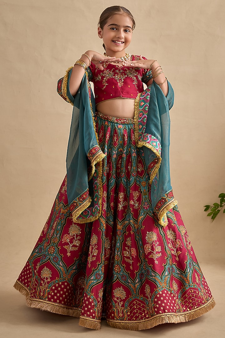 Multi-Colored Viscose Silk Hand Painted Lehenga Set For Girls by Kalista kids at Pernia's Pop Up Shop