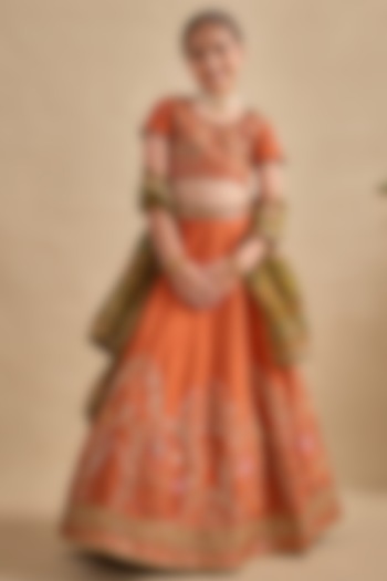 Tangerine Raw Silk Sequins Work Lehenga Set For Girls by Kalista kids at Pernia's Pop Up Shop