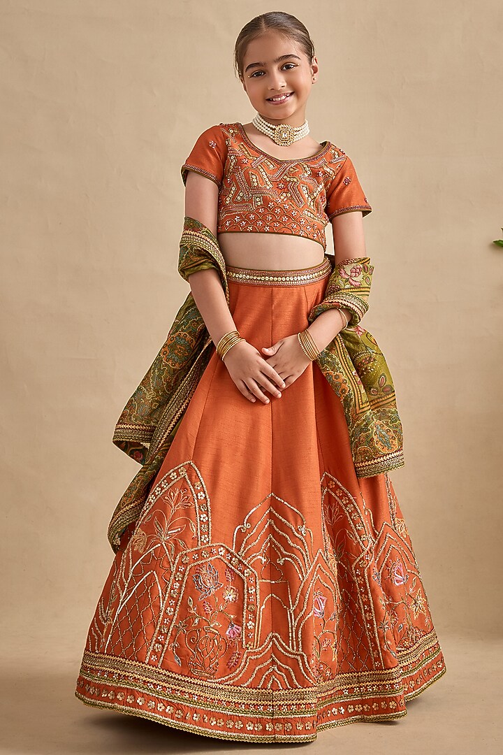 Tangerine Raw Silk Sequins Work Lehenga Set For Girls by Kalista kids at Pernia's Pop Up Shop