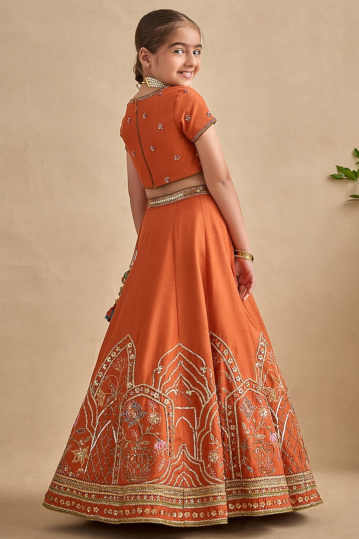 Tangerine Raw Silk Sequins Work Lehenga Set For Girls by Kalista kids at Pernia's Pop Up Shop