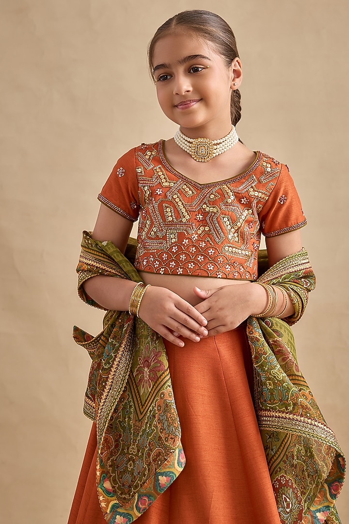 Tangerine Raw Silk Sequins Work Lehenga Set For Girls by Kalista kids at Pernia's Pop Up Shop