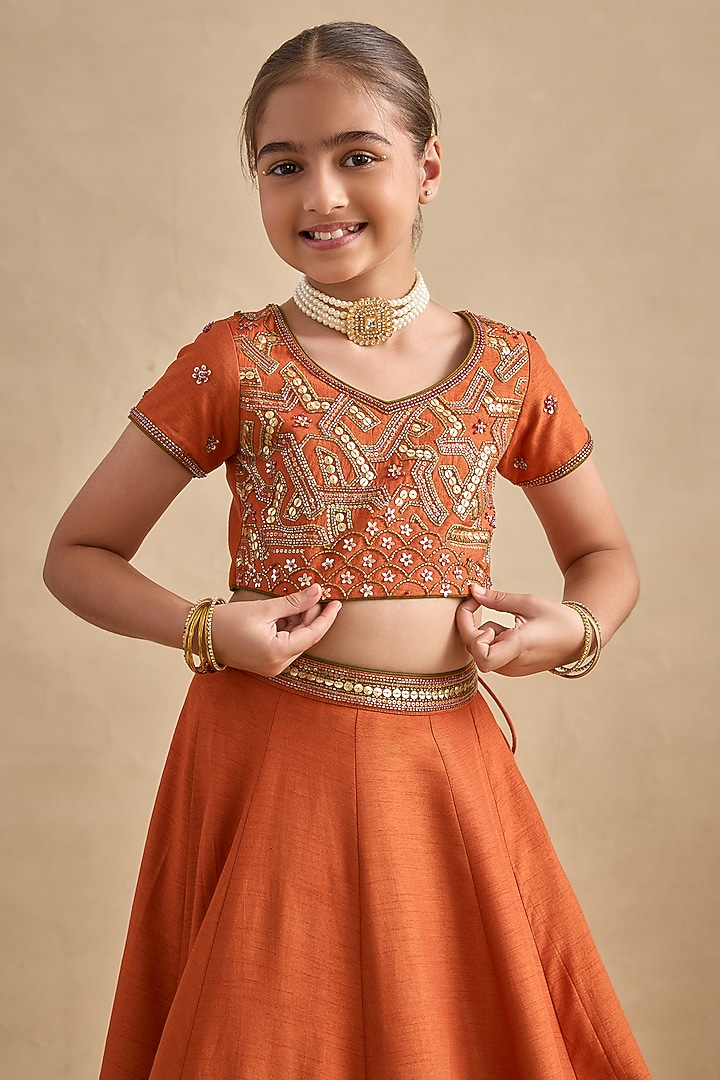 Tangerine Raw Silk Sequins Work Lehenga Set For Girls by Kalista kids at Pernia's Pop Up Shop