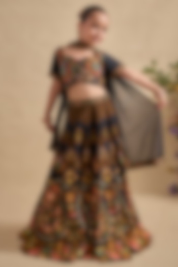 Black Viscose Silk Hand Embroidered & Hand Printed Lehenga Set For Girls by Kalista kids at Pernia's Pop Up Shop