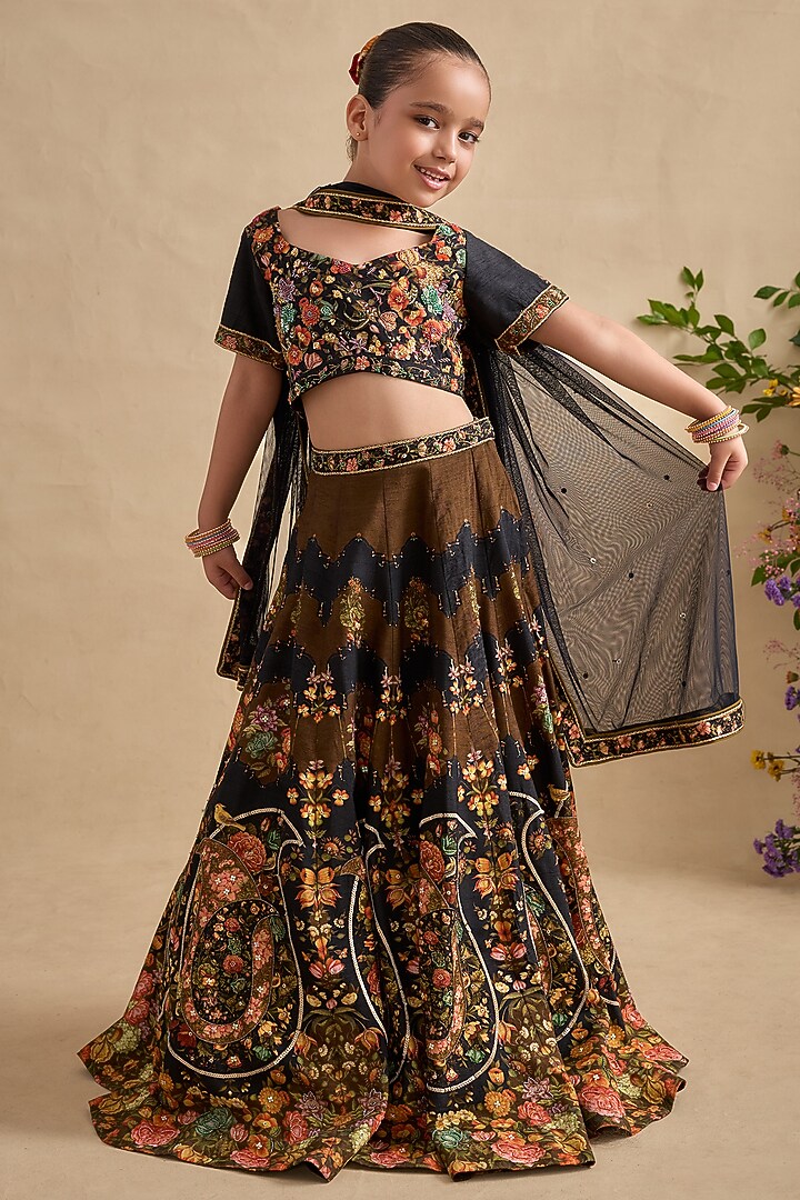 Black Viscose Silk Hand Embroidered & Hand Printed Lehenga Set For Girls by Kalista kids at Pernia's Pop Up Shop