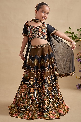 Black Viscose Silk Hand Embroidered & Hand Printed Lehenga Set For Girls by Kalista kids