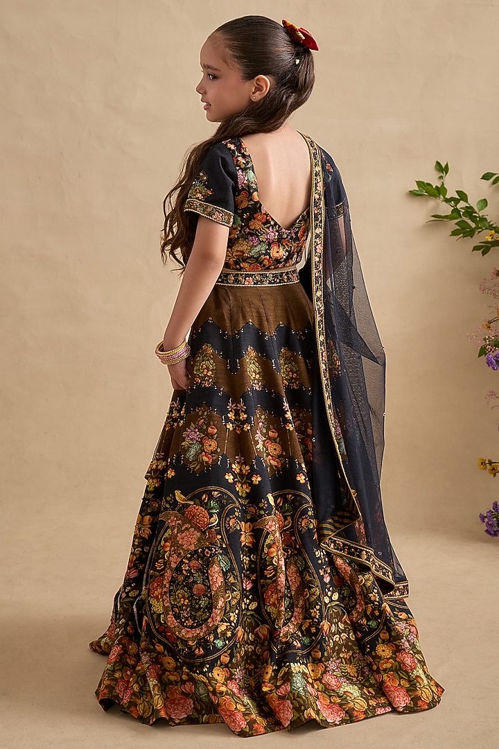 Black Viscose Silk Hand Embroidered & Hand Printed Lehenga Set For Girls by Kalista kids at Pernia's Pop Up Shop