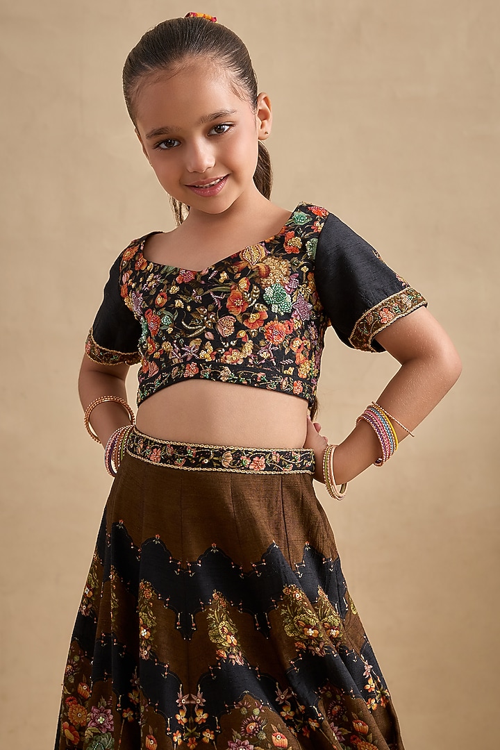 Black Viscose Silk Hand Embroidered & Hand Printed Lehenga Set For Girls by Kalista kids at Pernia's Pop Up Shop