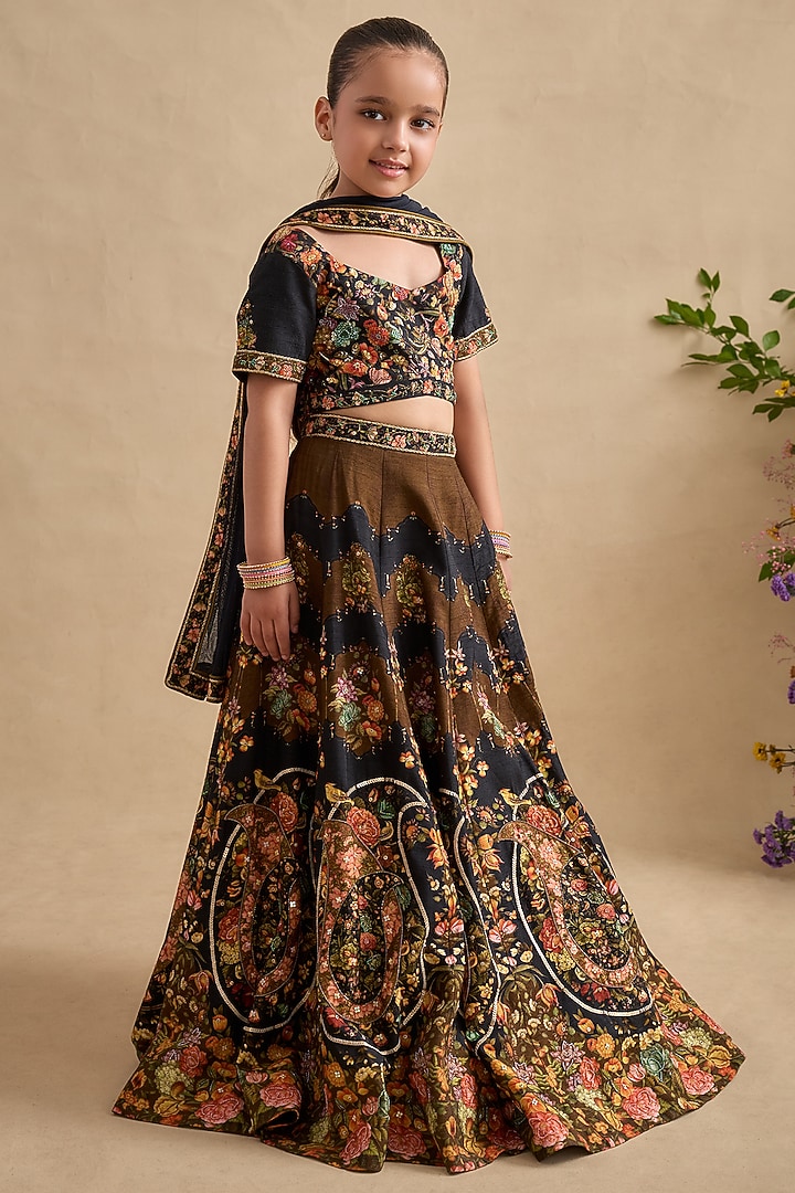 Black Viscose Silk Hand Embroidered & Hand Printed Lehenga Set For Girls by Kalista kids at Pernia's Pop Up Shop