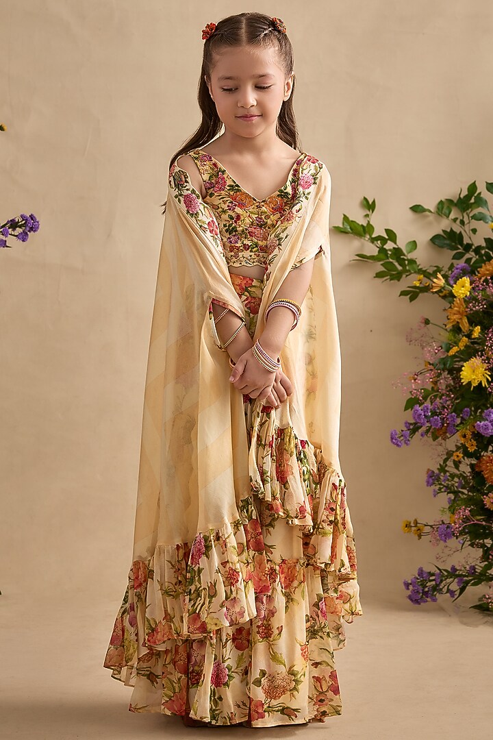 Cream Viscose Georgette Sharara Set For Girls by Kalista kids at Pernia's Pop Up Shop