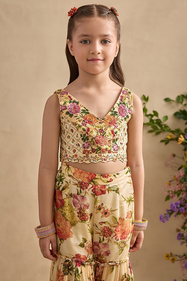 Cream Viscose Georgette Sharara Set For Girls by Kalista kids at Pernia's Pop Up Shop