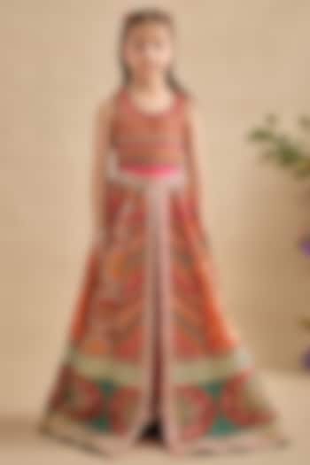 Multi-Colored Viscose Silk Hand Printed Lehenga Set For Girls by Kalista kids at Pernia's Pop Up Shop