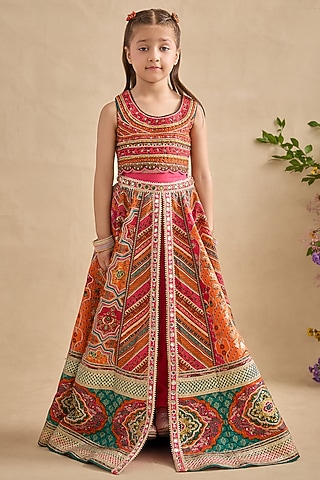 Multi-Colored Viscose Silk Hand Printed Lehenga Set For Girls by Kalista kids