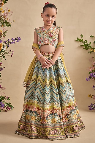 Multi-Colored Viscose Silk Lehenga Set For Girls by Kalista kids