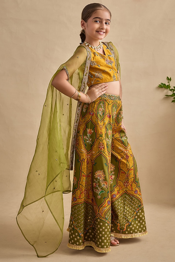 Lime Green & Mustard Viscose Silk Sharara Set For Girls by Kalista kids at Pernia's Pop Up Shop