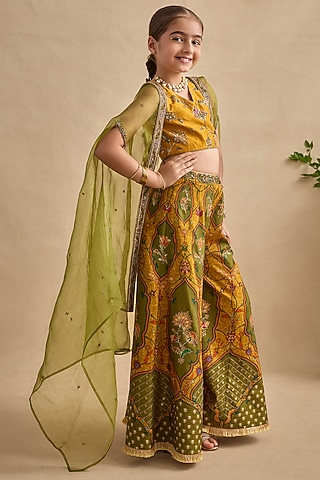 Lime Green & Mustard Viscose Silk Sharara Set For Girls by Kalista kids