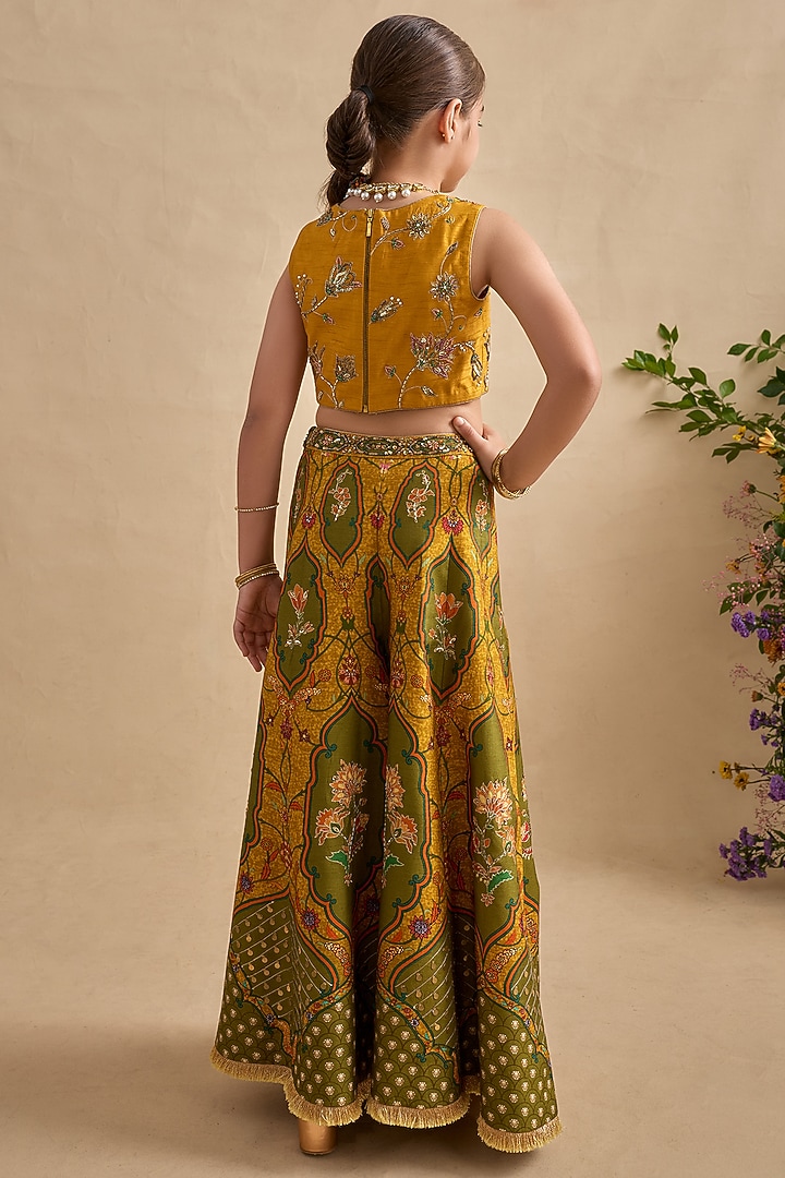 Lime Green & Mustard Viscose Silk Sharara Set For Girls by Kalista kids at Pernia's Pop Up Shop