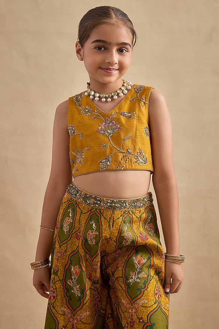 Lime Green & Mustard Viscose Silk Sharara Set For Girls by Kalista kids at Pernia's Pop Up Shop
