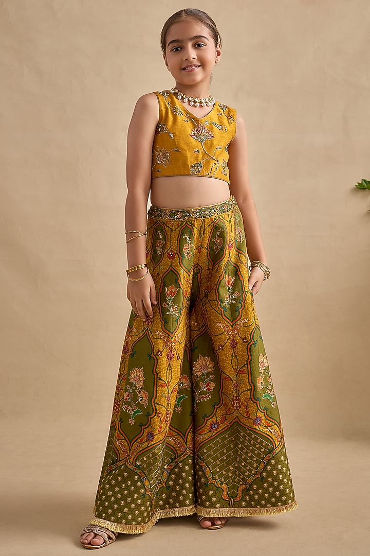 Lime Green & Mustard Viscose Silk Sharara Set For Girls by Kalista kids at Pernia's Pop Up Shop