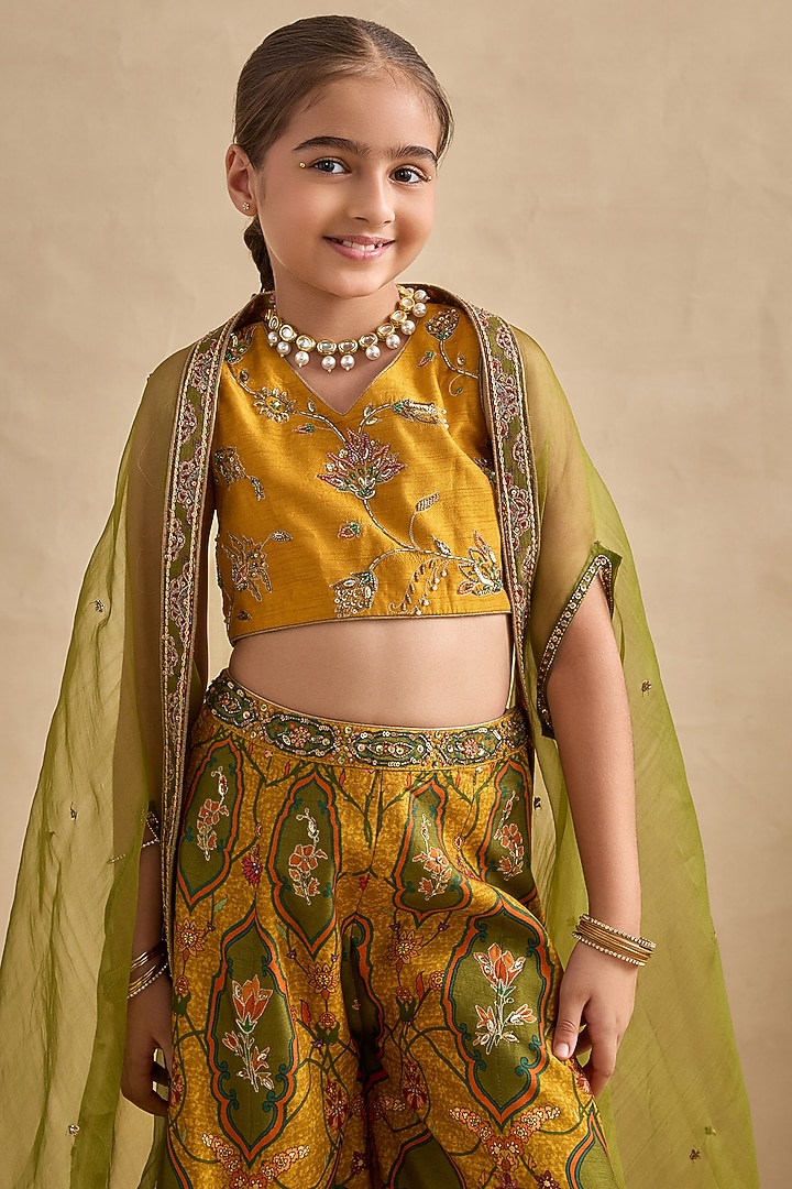 Lime Green & Mustard Viscose Silk Sharara Set For Girls by Kalista kids at Pernia's Pop Up Shop