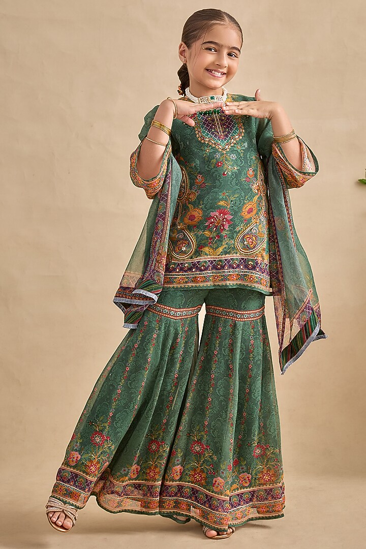 Hunter Green Viscose Georgette Cutdana Embroidered Sharara Set For Girls by Kalista kids at Pernia's Pop Up Shop