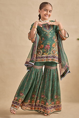 Hunter Green Viscose Georgette Cutdana Embroidered Sharara Set For Girls by Kalista kids