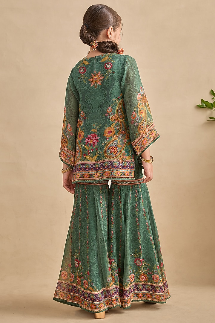 Hunter Green Viscose Georgette Cutdana Embroidered Sharara Set For Girls by Kalista kids at Pernia's Pop Up Shop