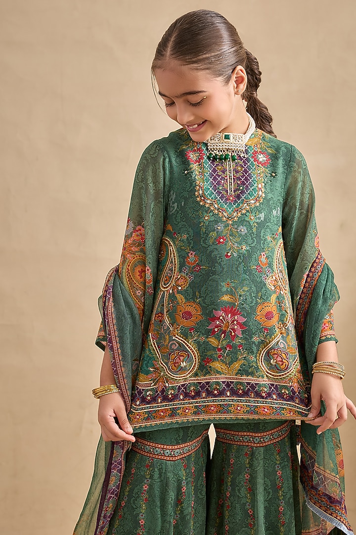 Hunter Green Viscose Georgette Cutdana Embroidered Sharara Set For Girls by Kalista kids at Pernia's Pop Up Shop