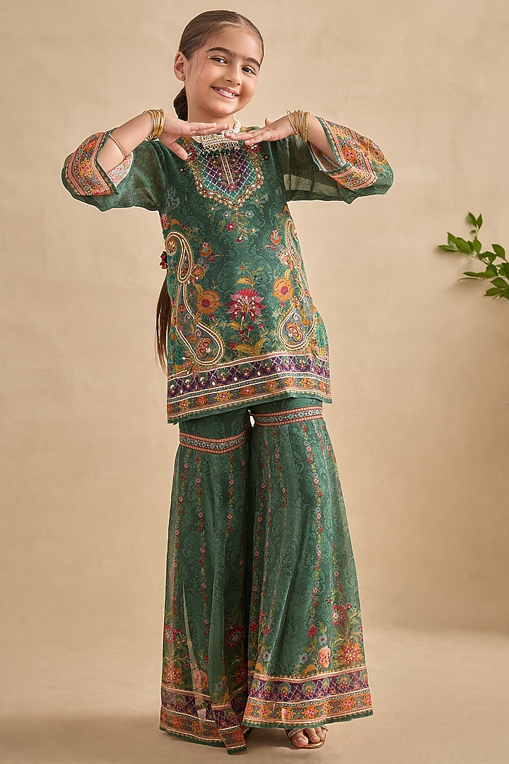 Hunter Green Viscose Georgette Cutdana Embroidered Sharara Set For Girls by Kalista kids at Pernia's Pop Up Shop