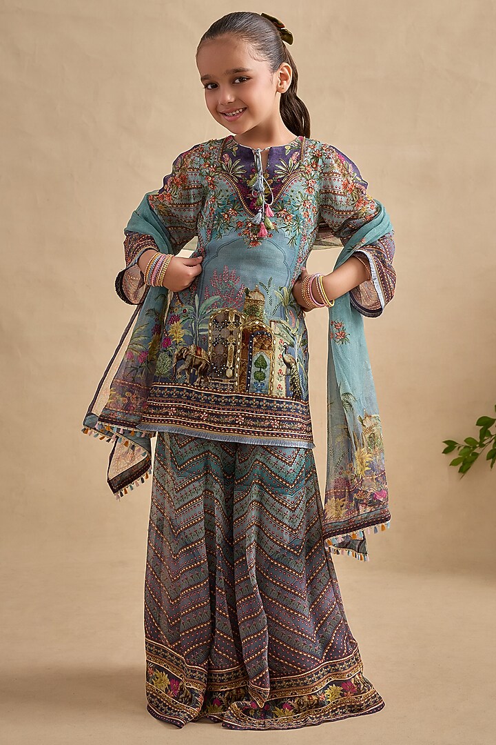 Blue & Purple Viscose Georgette Gharara Set For Girls by Kalista kids at Pernia's Pop Up Shop