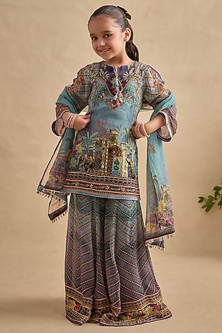 Blue & Purple Viscose Georgette Gharara Set For Girls by Kalista kids