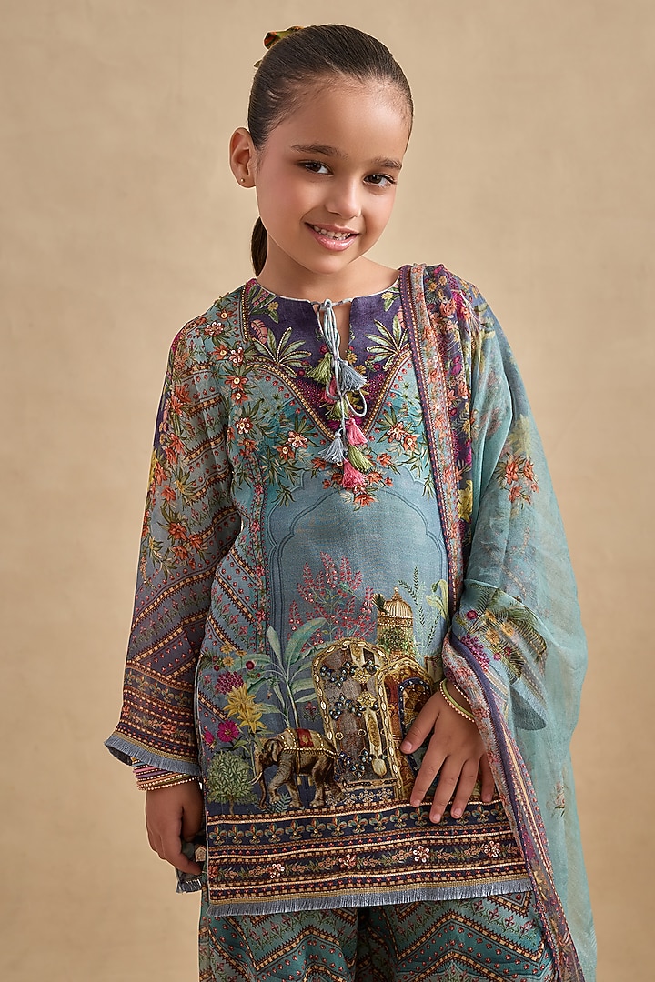 Blue & Purple Viscose Georgette Gharara Set For Girls by Kalista kids at Pernia's Pop Up Shop