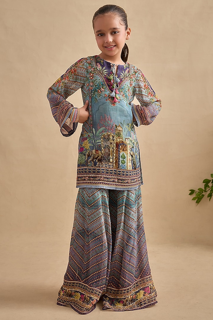 Blue & Purple Viscose Georgette Gharara Set For Girls by Kalista kids at Pernia's Pop Up Shop