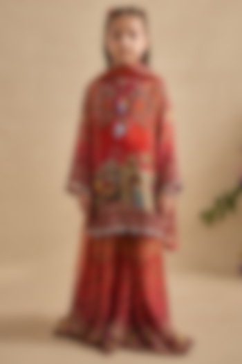 Crimson & Orange Viscose Georgette Gharara Set For Girls by Kalista kids at Pernia's Pop Up Shop
