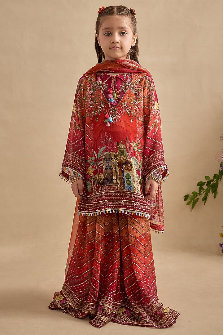 Crimson & Orange Viscose Georgette Gharara Set For Girls by Kalista kids at Pernia's Pop Up Shop