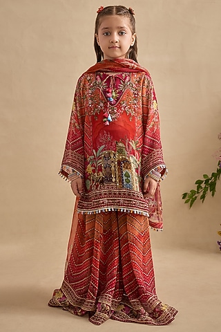 Crimson & Orange Viscose Georgette Gharara Set For Girls by Kalista kids