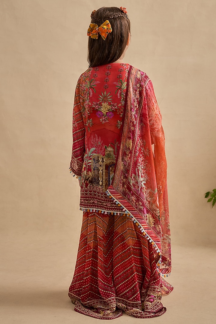 Crimson & Orange Viscose Georgette Gharara Set For Girls by Kalista kids at Pernia's Pop Up Shop