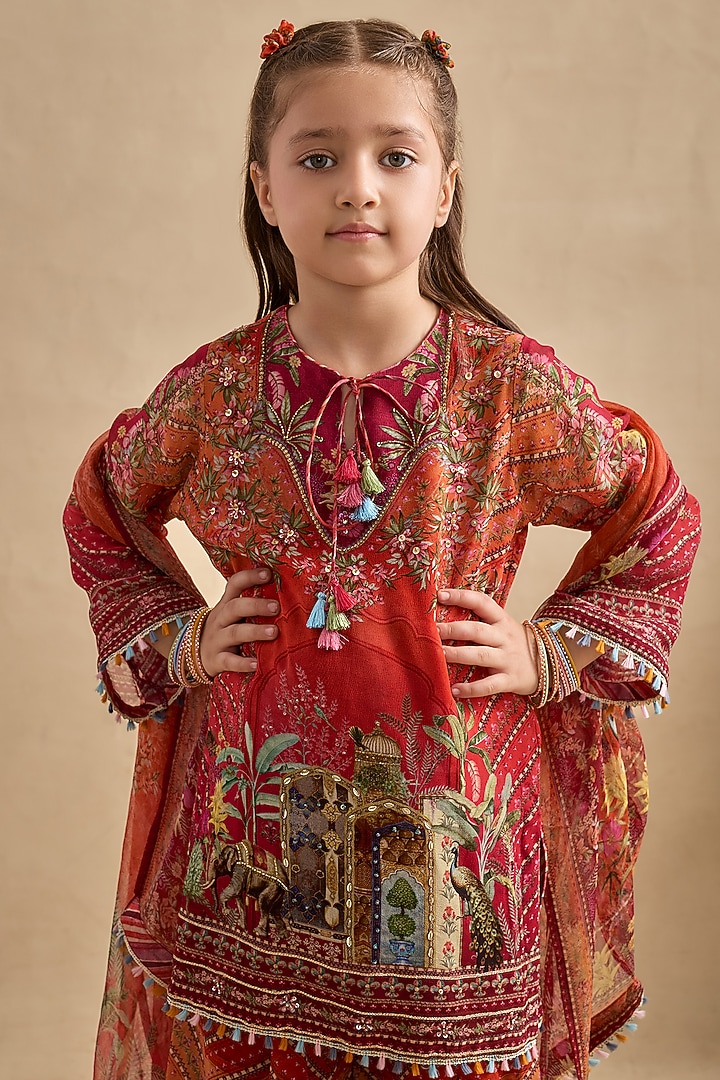 Crimson & Orange Viscose Georgette Gharara Set For Girls by Kalista kids at Pernia's Pop Up Shop