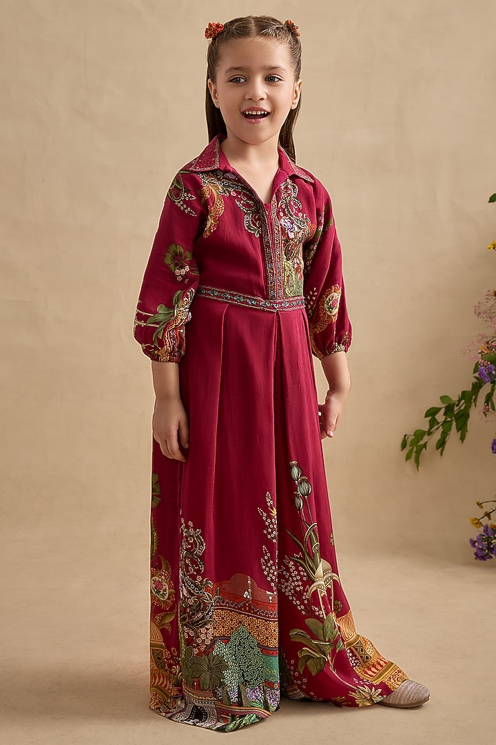 Magenta Crepe Embroidered Jumpsuit For Girls by Kalista kids at Pernia's Pop Up Shop