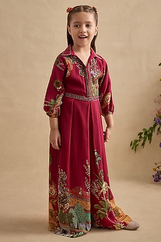Magenta Crepe Embroidered Jumpsuit For Girls by Kalista kids